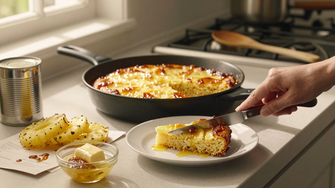 Pedaço de bolo de ananás com calda servido num prato branco, ao lado de rodelas de ananás e manteiga.