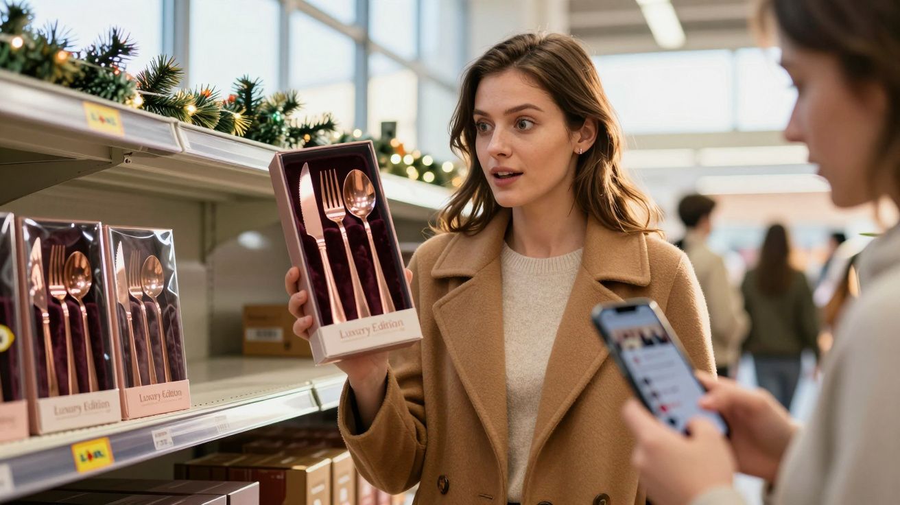 Mulher em loja mostra caixa de talheres de edição de luxo enquanto outra pessoa segura telemóvel.