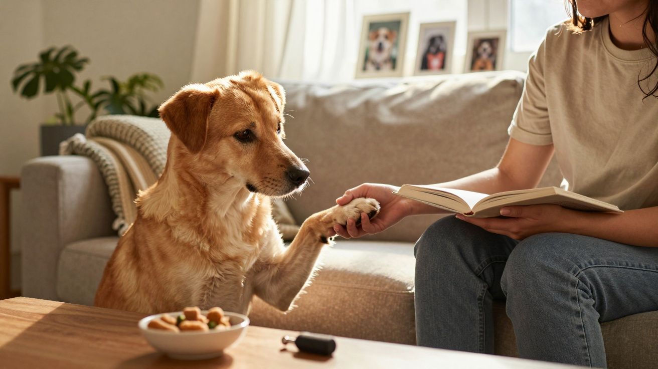 Cão dourado a dar a pata a pessoa sentada no sofá que segura um livro aberto numa sala iluminada.
