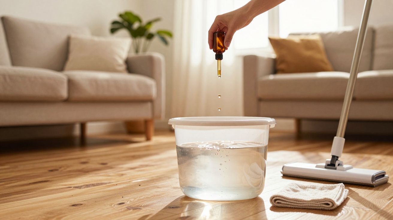 Mão a pingar líquido de frasco para balde com água em chão de madeira, aspirador e pano ao lado.