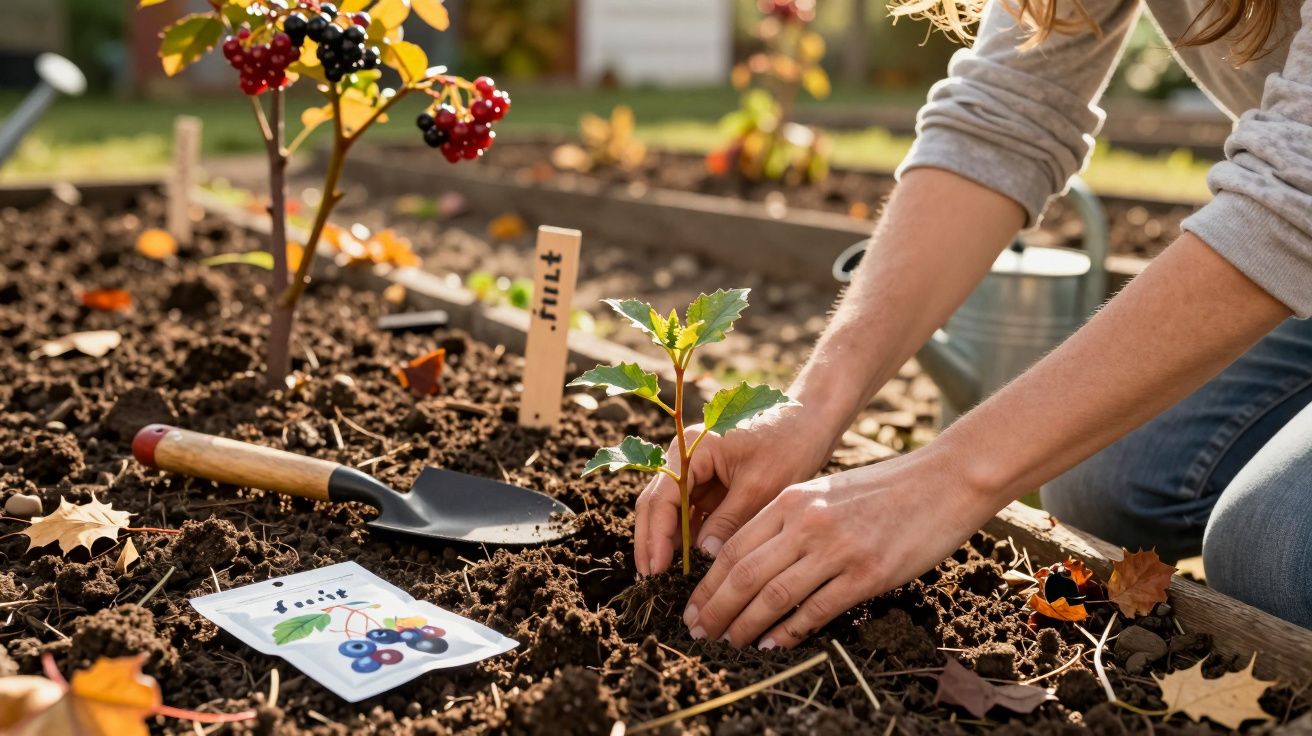 Pessoa a plantar uma muda no solo de um jardim preparado com ferramenta e semente junto.