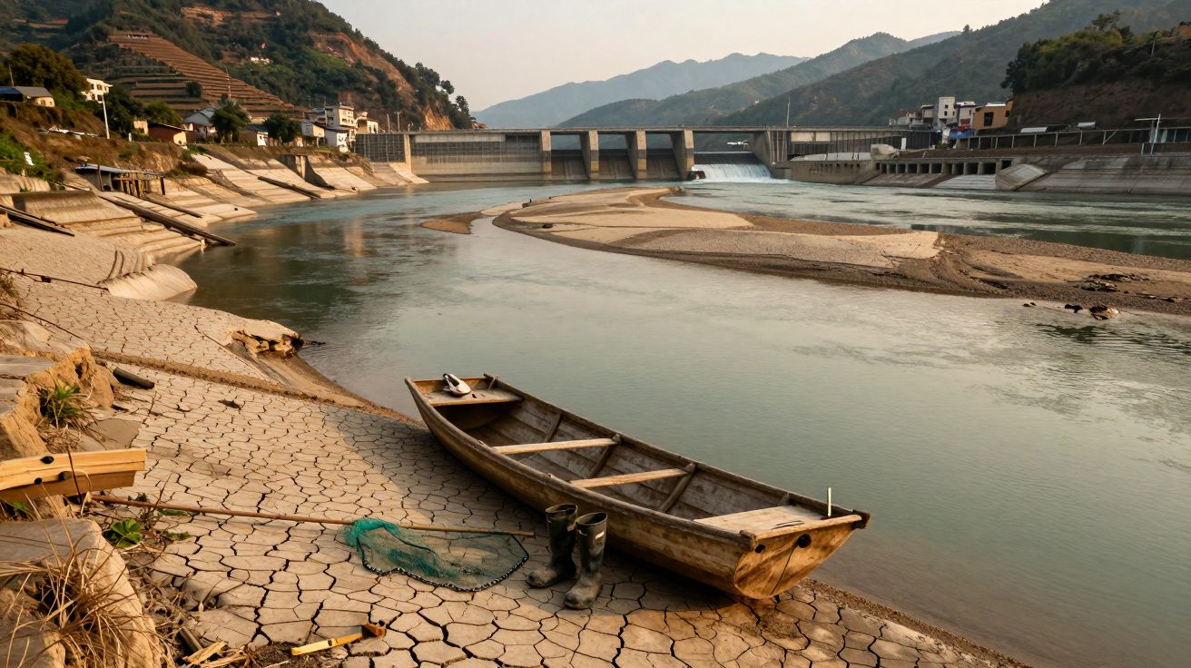Barco de madeira abandonado numa margem seca de rio com botas e rede de pesca junto a uma barragem em montanha.
