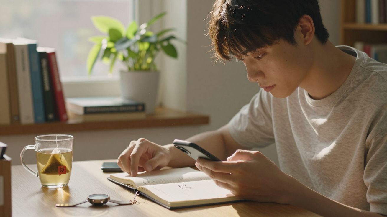 Jovem sentado à mesa escrevendo num caderno e a consultar o telemóvel, com chá e relógio ao lado.