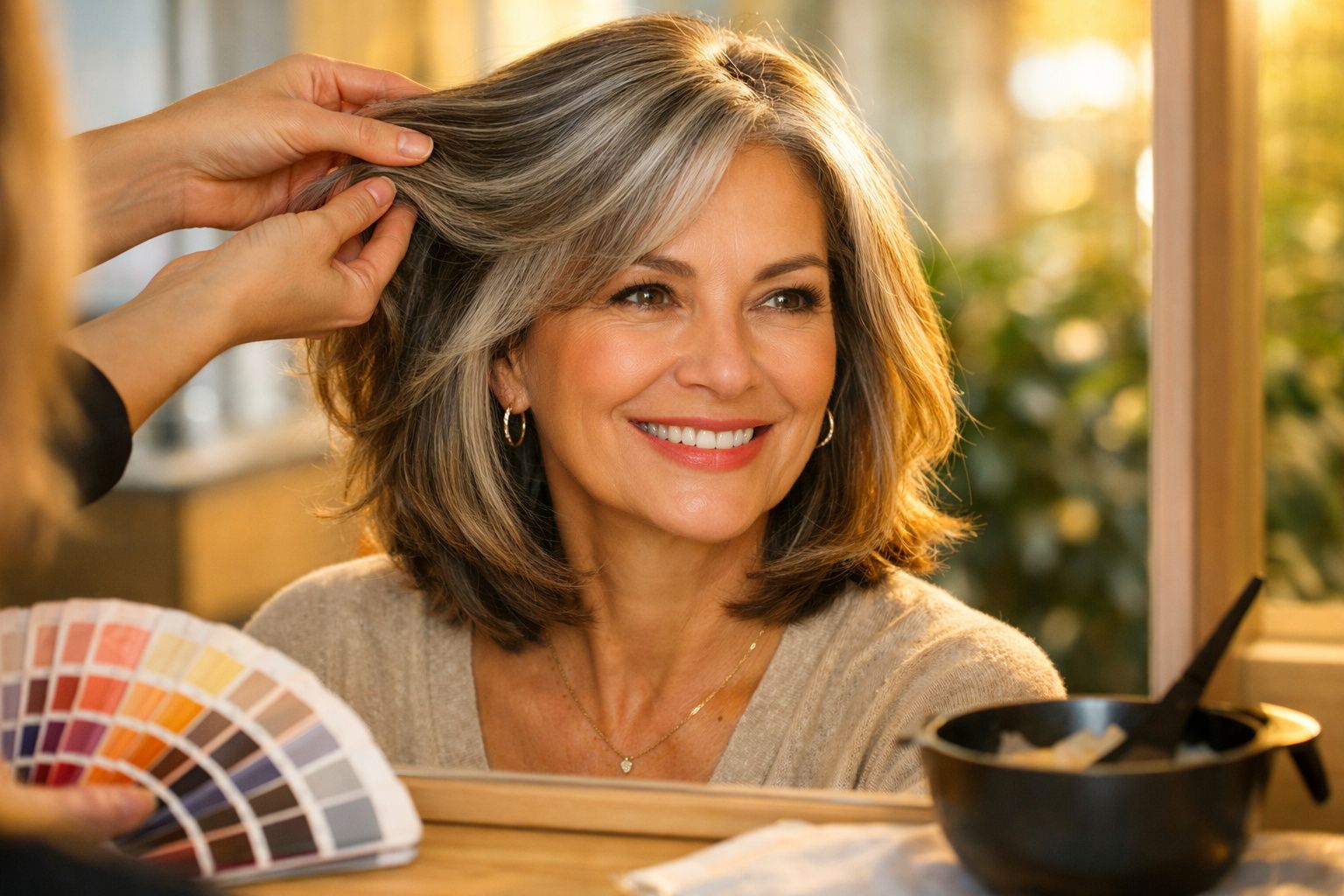 Mulher sorridente com cabelo grisalho médio a ser penteada num salão de beleza, com amostra de cores e espelho.