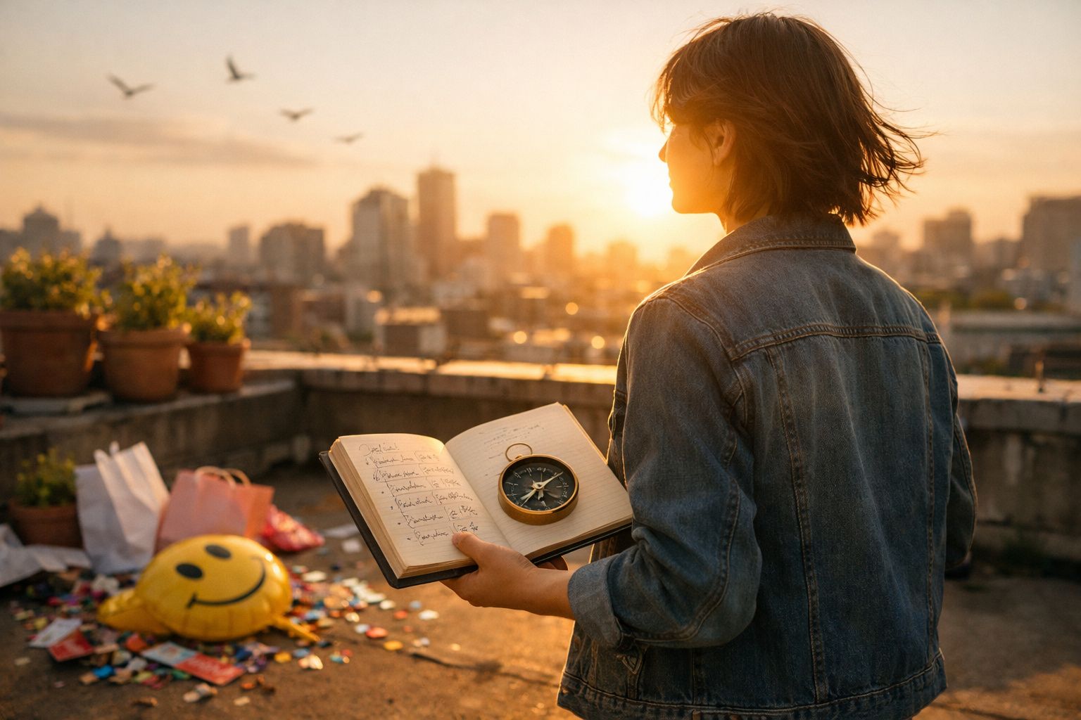 Pessoa com casaco jeans segura um caderno e uma bússola, olhando para o pôr do sol na cidade.