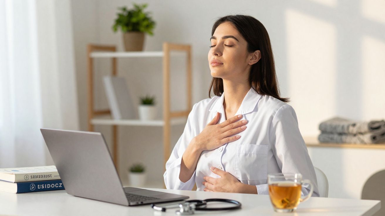 Mulher de bata branca sentada a respirar fundo com as mãos no peito e estômago num ambiente de escritório.