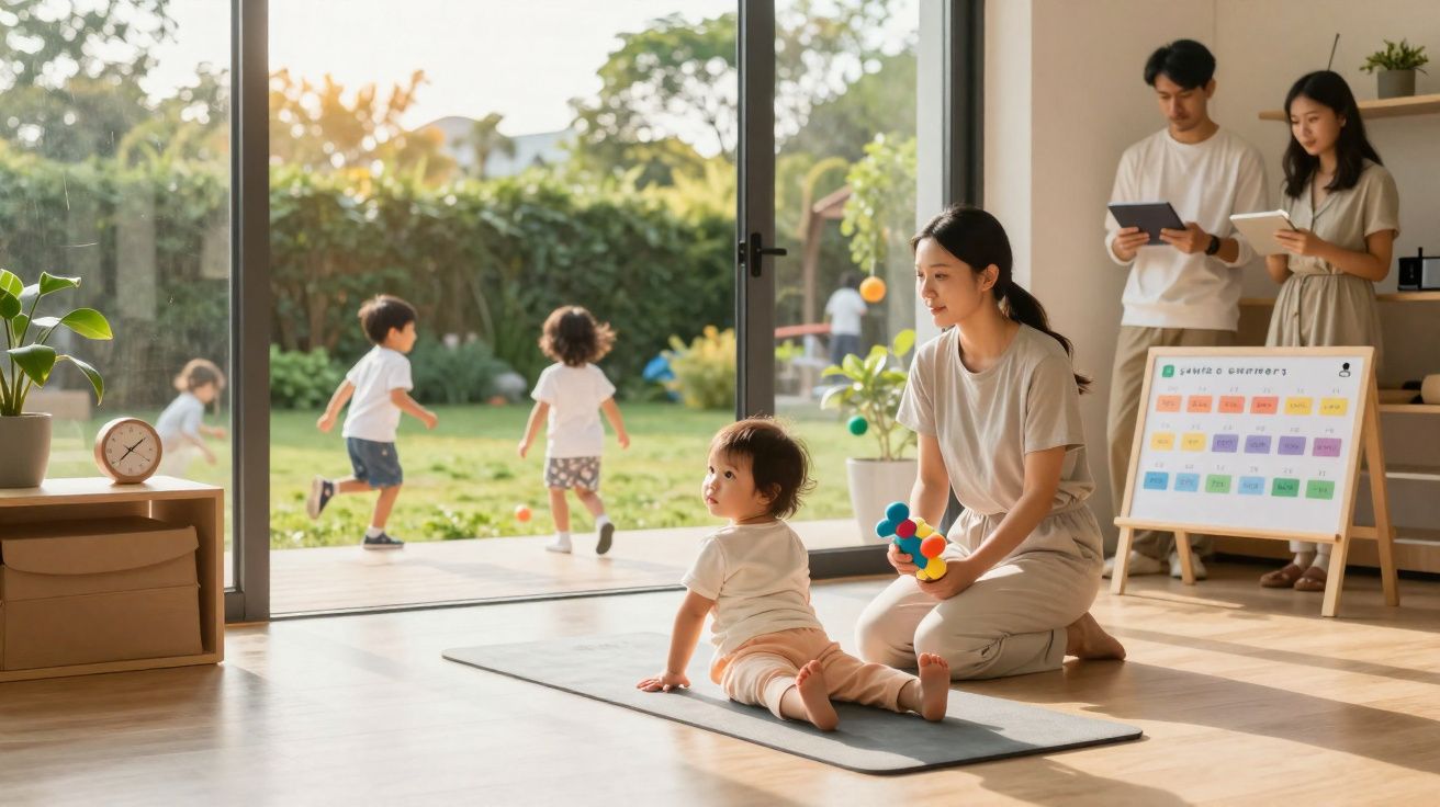 Crianças a brincar no jardim com adultos a observar e registar atividades numa sala iluminada e acolhedora.