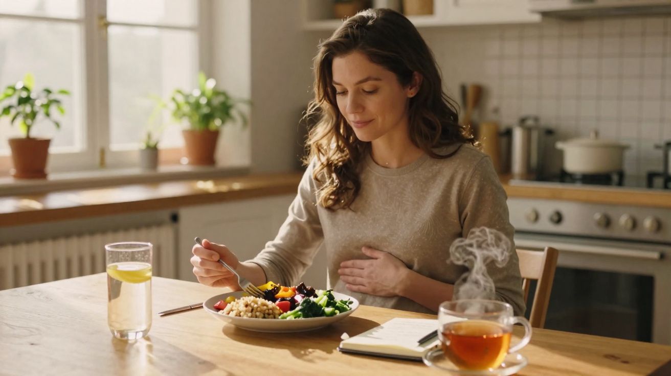 Mulher grávida a comer uma refeição saudável numa cozinha, com chá quente e água com limão na mesa.