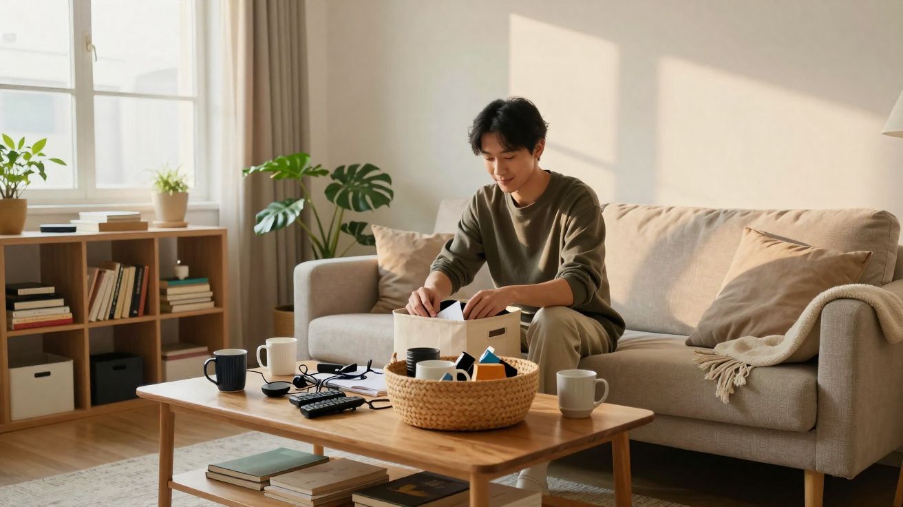 Pessoa sentada no sofá da sala a organizar objetos numa caixa, com mesa de madeira e estante ao fundo.