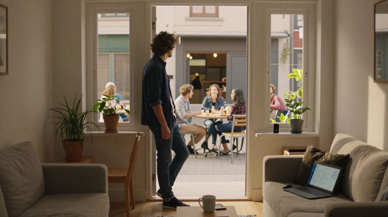 Homem vê grupo de amigos a conversar numa esplanada através da porta de uma sala iluminada.