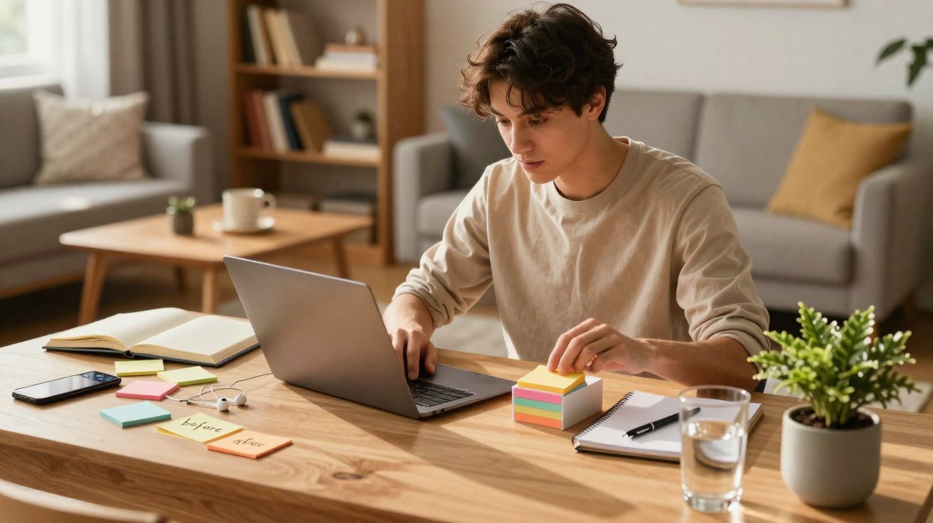 Pessoa a trabalhar num portátil numa mesa com bloco de notas, post-its e copo de água numa sala acolhedora.