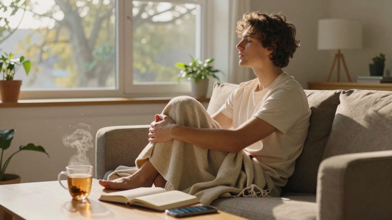 Pessoa sentada no sofá, envolta numa manta, olhando pela janela com chá e livro em cima da mesa.