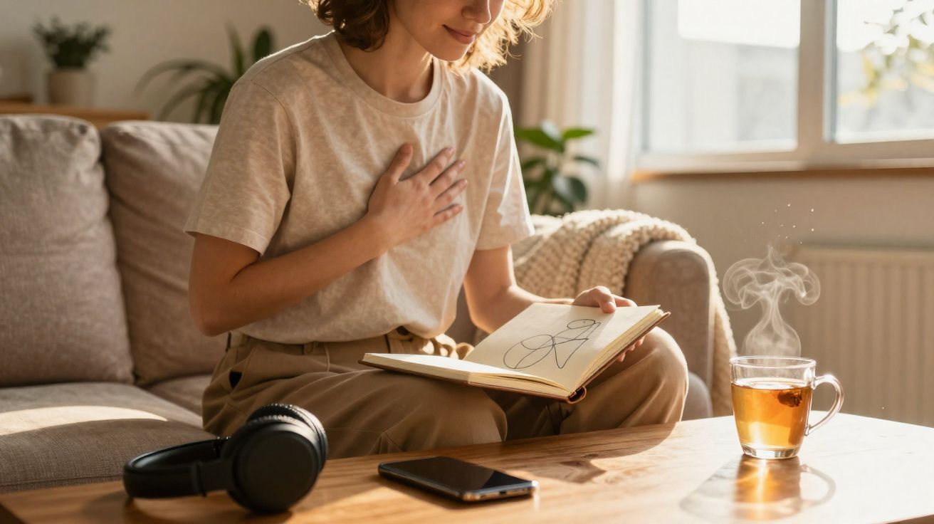 Pessoa sentada no sofá a ler livro e com a mão no peito, com chá quente, telefone e auscultadores na mesa.