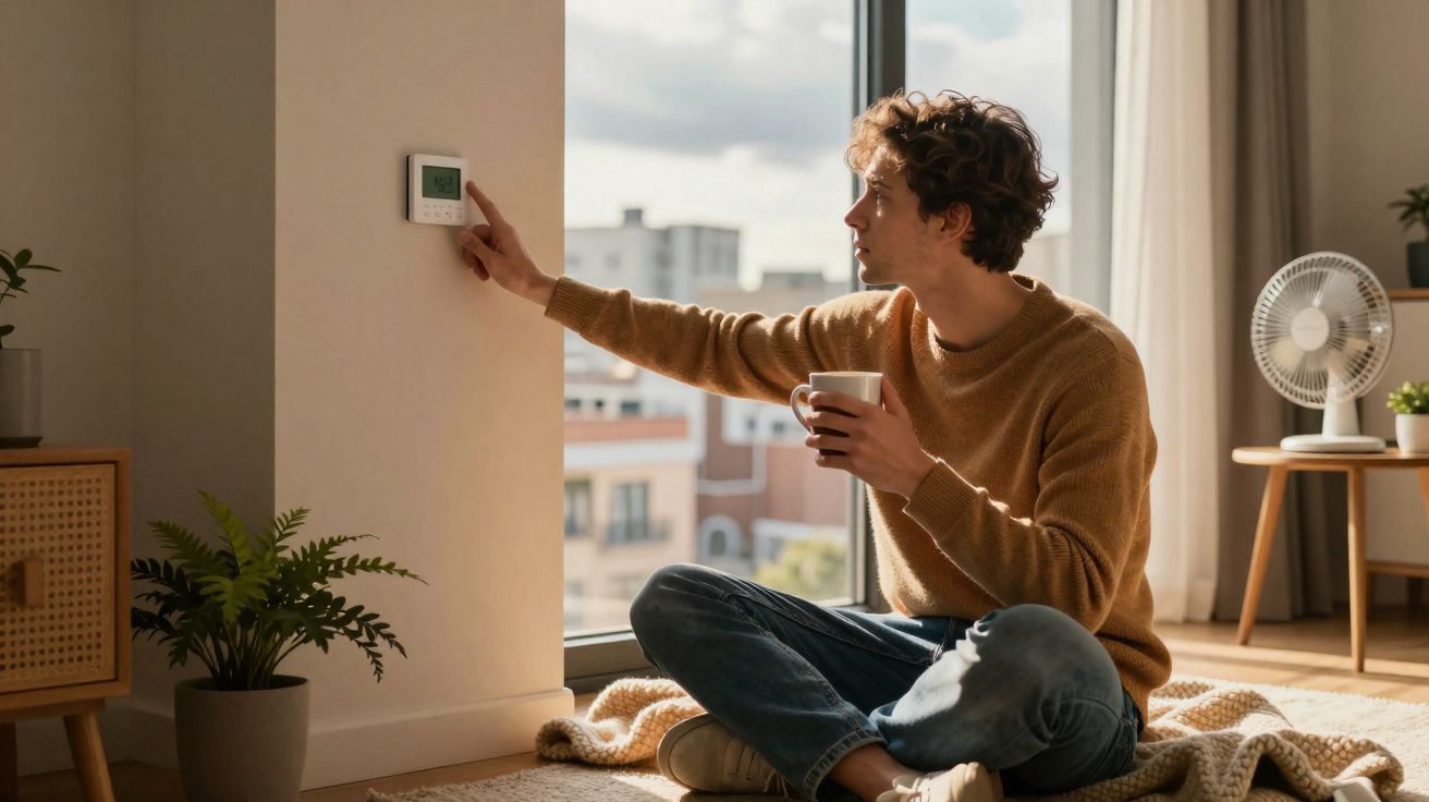 Homem sentado junto a janela, segurando chá e ajustando termóstato de parede numa sala iluminada.
