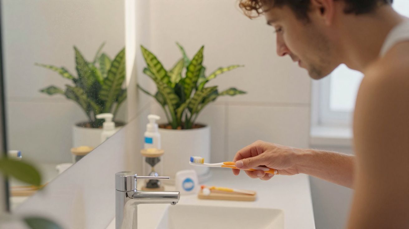 Homem a escovar os dentes numa casa de banho moderna com plantas e espelho.
