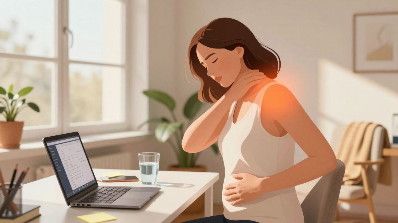 Mulher sentada em escritório com dor no ombro, segurando a barriga, perto de um computador portátil.