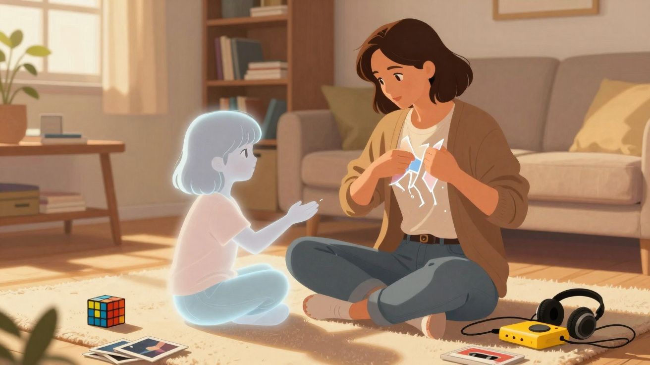 Mulher sentada no chão a fazer origami com uma criança fantasma sentada em frente numa sala iluminada.