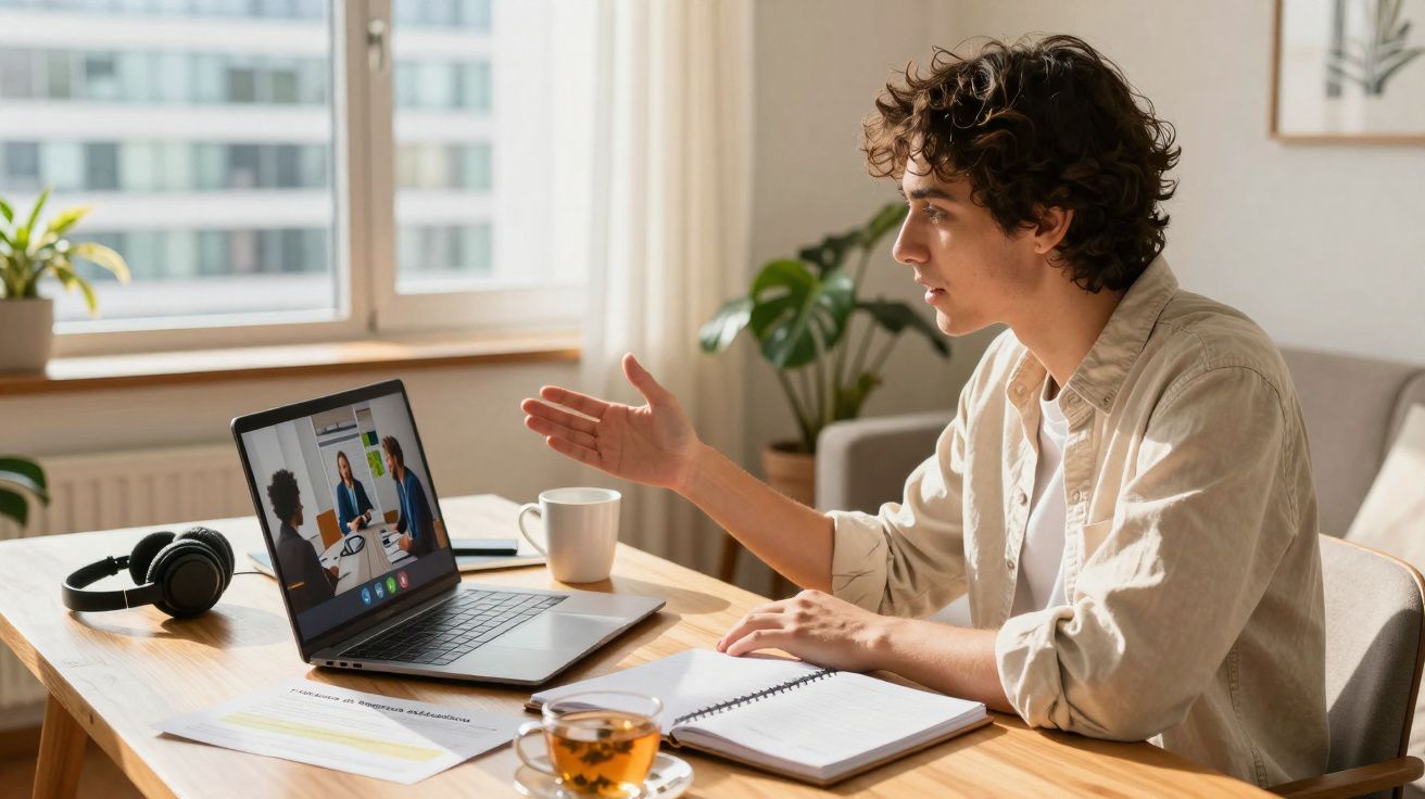 Jovem a participar numa videoconferência online num ambiente doméstico com caderno e chá na mesa.