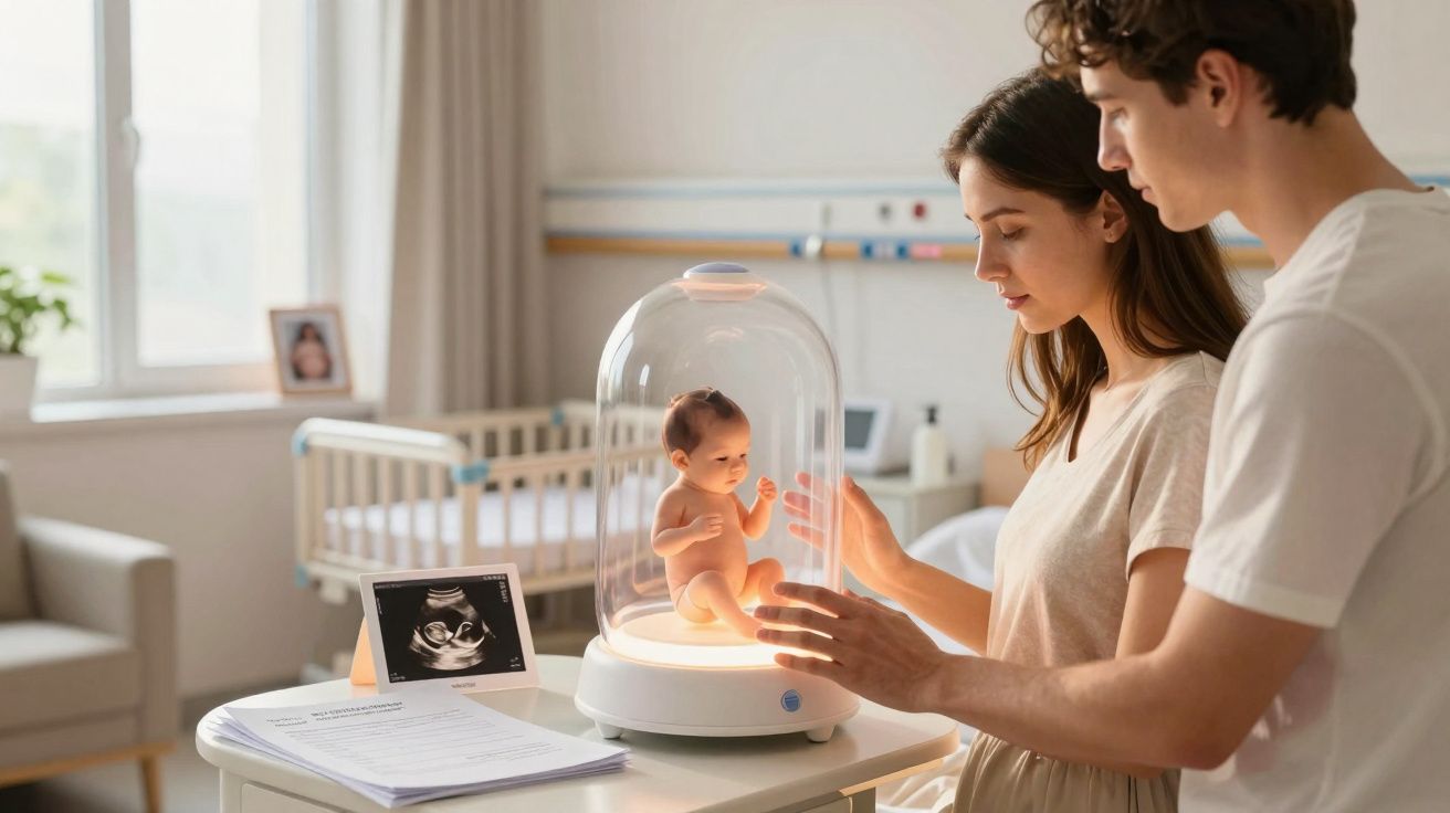 Casal observa bebé em cápsula futurista numa sala iluminada e confortável.