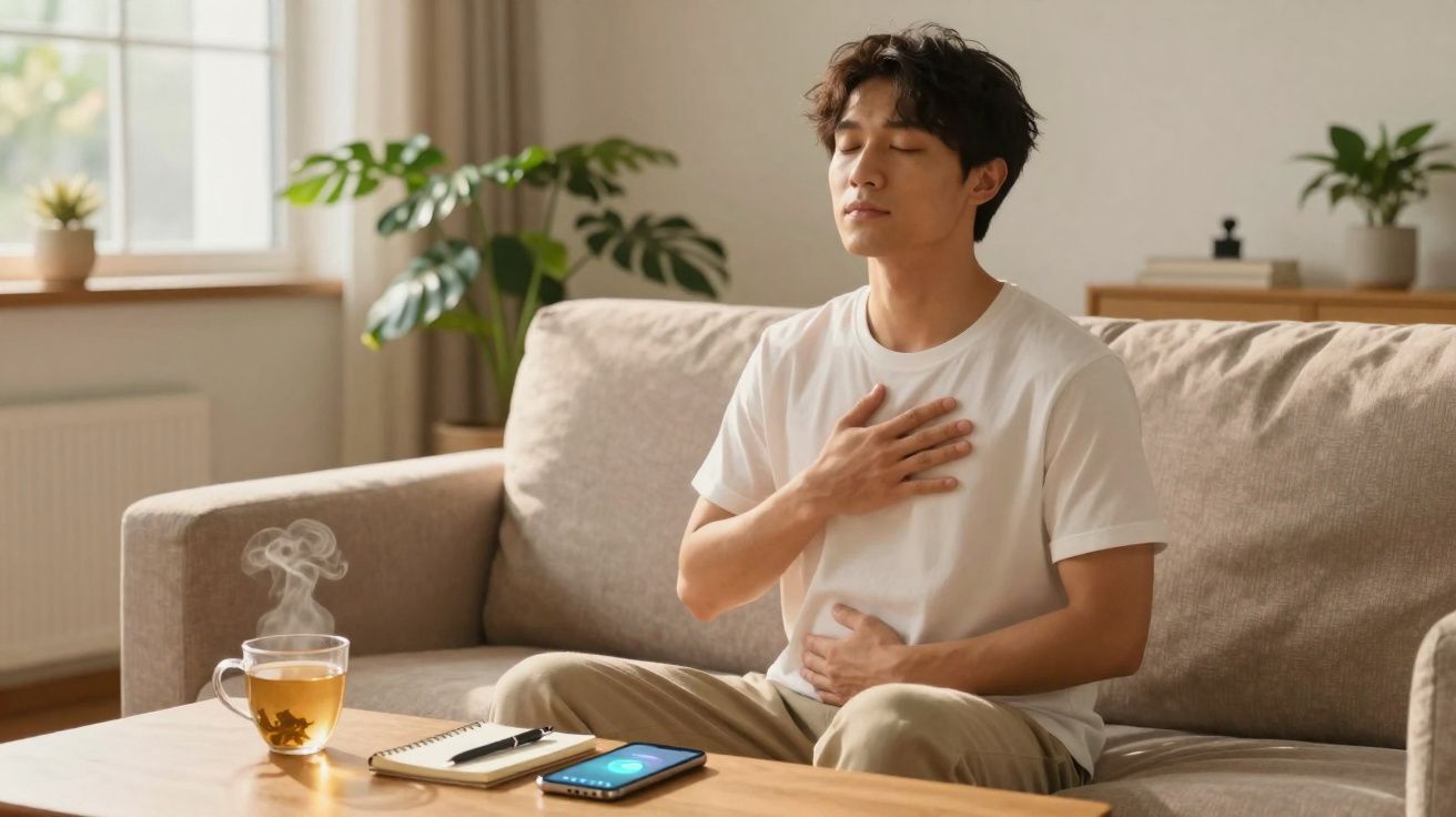 Homem sentado no sofá a meditar, com uma mão no peito e outra na barriga, ao lado de chá e telemóvel.