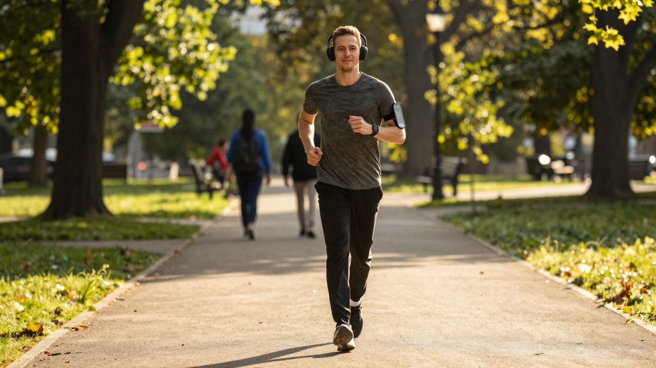 Homem a correr num parque ensolarado com auscultadores e roupa desportiva cinzenta.