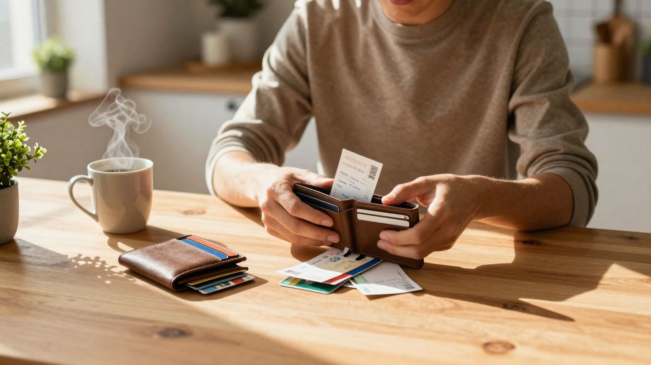Pessoa sentada à mesa a guardar um talão na carteira, com outra carteira e uma chávena de café fumegante ao lado.