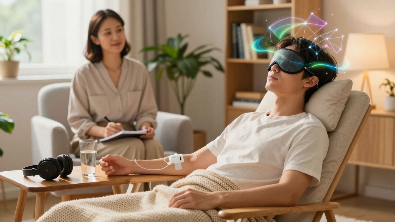 Homem deitado com máscara de realidade virtual ligado a dispositivos médicos, enquanto mulher observa e toma notas.