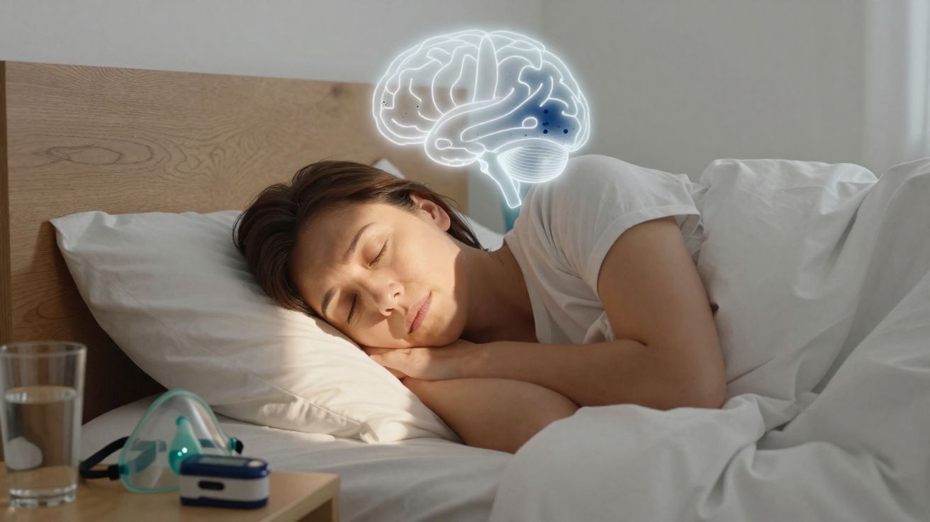 Mulher a dormir na cama com ilustração digital do cérebro a destacar o sono e a respiração.