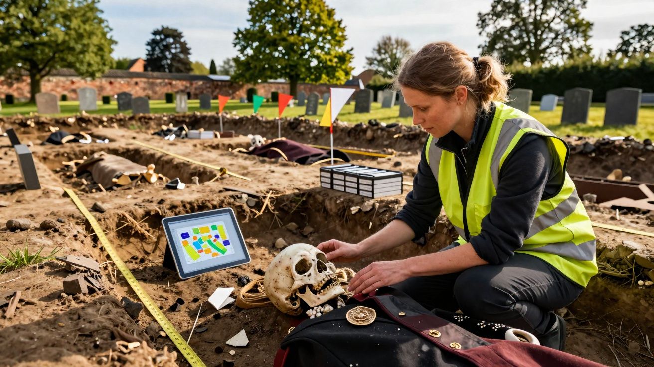 Arqueóloga examina crânio humano numa escavação com equipamento e bandeiras coloridas no cemitério.