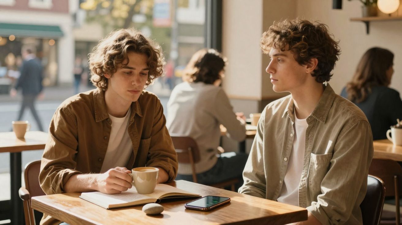 Dois jovens sentados numa cafetaria, um com chá numa mão e o outro a olhar para ele, com telemóvel sobre a mesa.