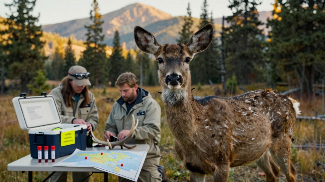 Veado com coleira de rastreamento em primeiro plano, investigadores a trabalhar numa mesa com mapas e amostras.