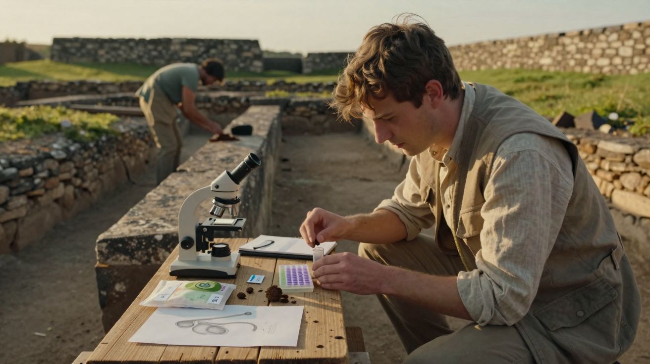 Jovem arqueólogo a trabalhar com amostras e microscópio numa escavação ao ar livre.