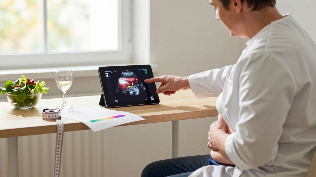 Homem a analisar imagem do fígado num tablet, com salada, copo de água e fita métrica na mesa à frente.