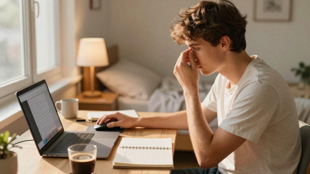 Jovem preocupado senta-se à secretária com um computador portátil, bloco de notas e café numa divisão clara.