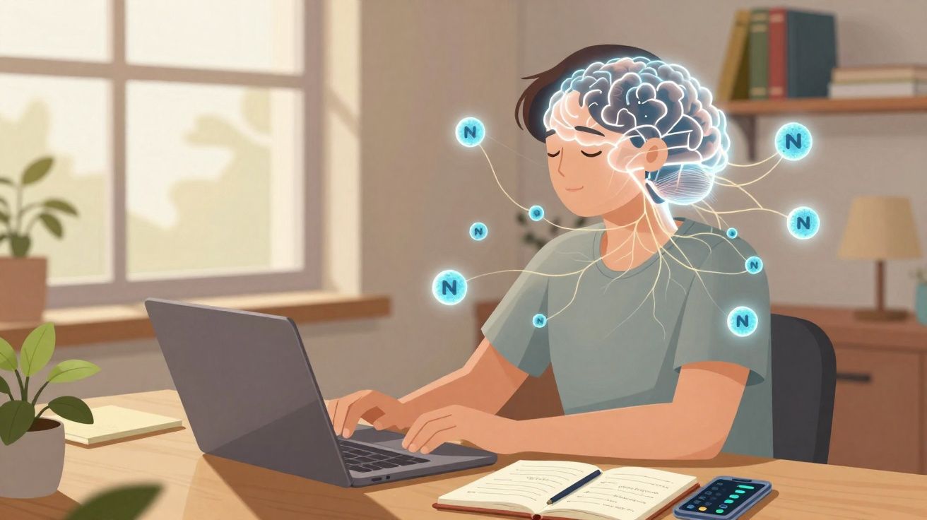 Pessoa a trabalhar no computador com ilustração do cérebro e conexões neurais brilhantes visíveis.