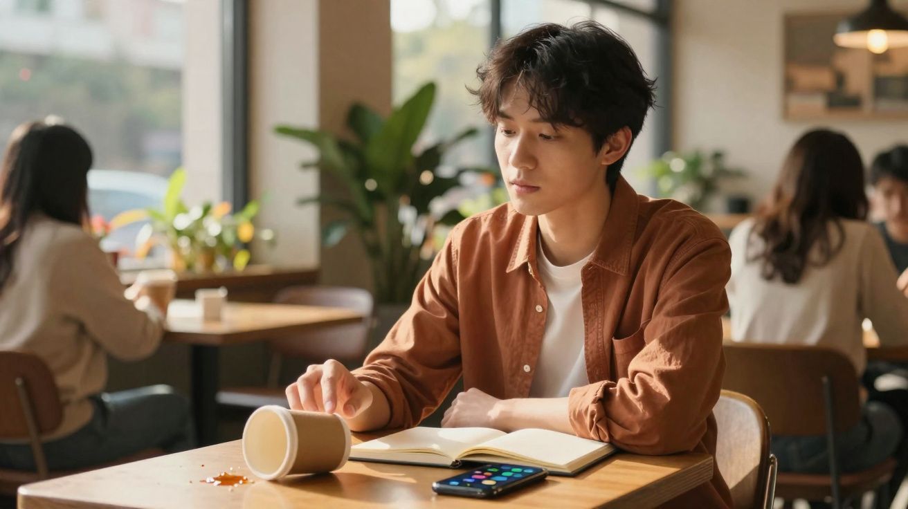 Jovem sentado num café, com livro aberto à frente, a deixar cair um copo de papel com líquido sobre a mesa.