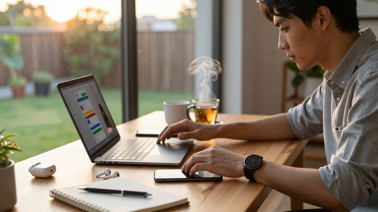 Homem a trabalhar num computador portátil numa mesa com chá, agenda e auscultadores sem fios.