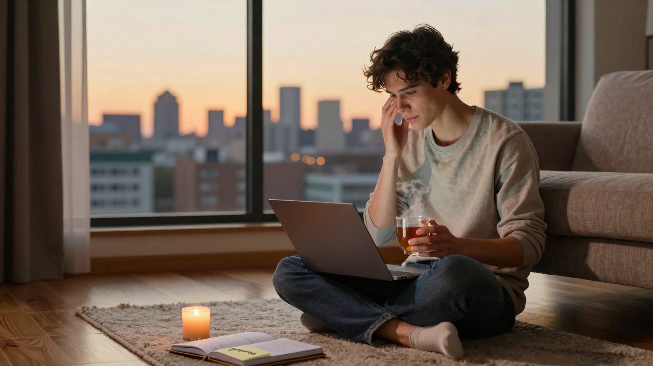 Jovem sentado no chão com portátil e chá, a trabalhar, com vela acesa e cidade ao fundo ao pôr do sol.
