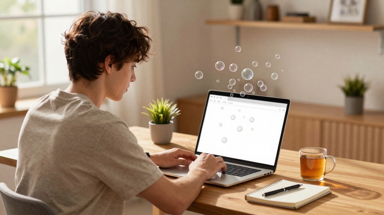 Pessoa sentada numa mesa a trabalhar num portátil, com chá, bloco de notas e plantas à volta.