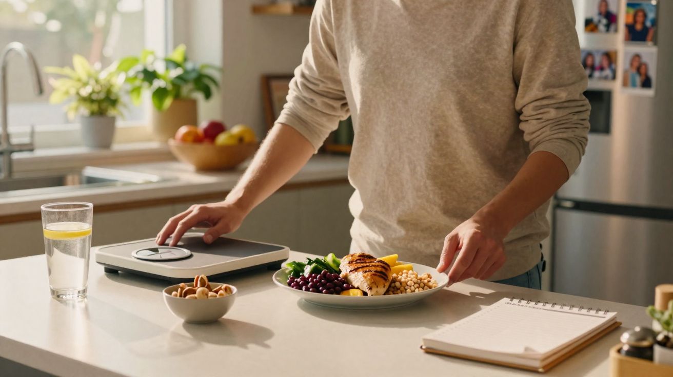 Pessoa a pesar uma refeição saudável numa cozinha com prato, caderno e copo de água com limão.