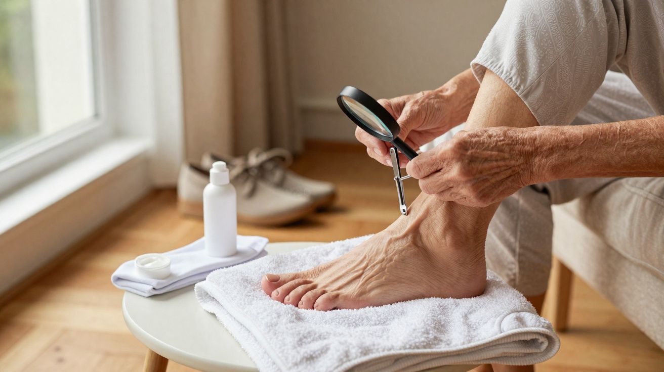 Pessoa idosa examina sinal na pele do pé com lupa, com creme e toalha sobre mesa redonda branca.