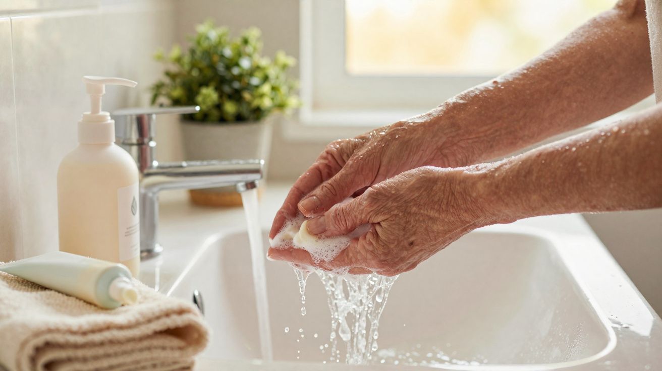 Mãos de pessoa idosa a lavar-se com sabão líquido numa pia branca, com toalha e planta ao fundo.
