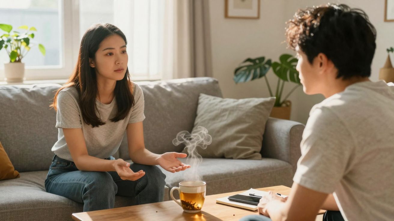 Mulher sentada no sofá a conversar com homem, chá quente na mesa de centro e luz natural na sala.