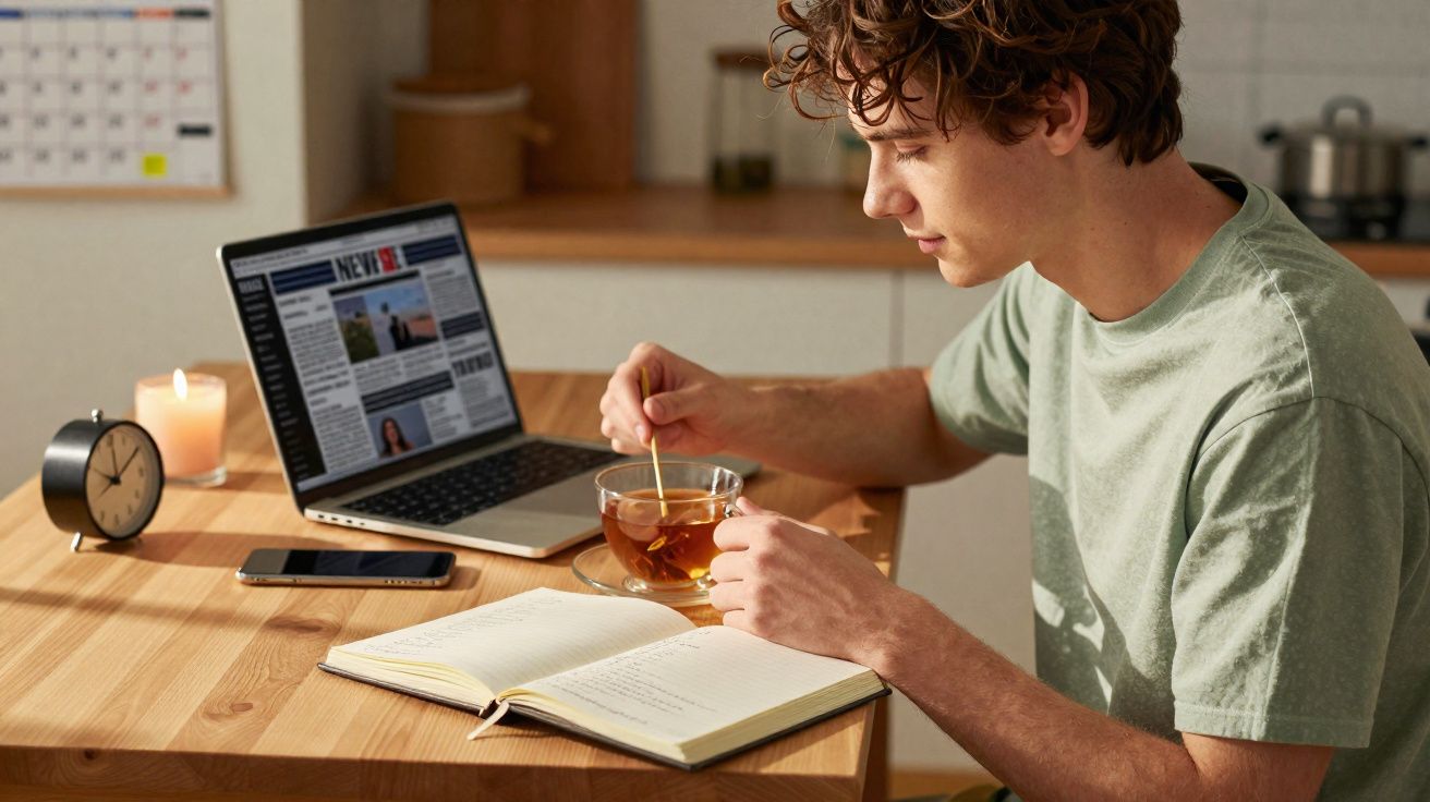 Rapaz a beber chá enquanto estuda com livro aberto e computador numa mesa de cozinha.