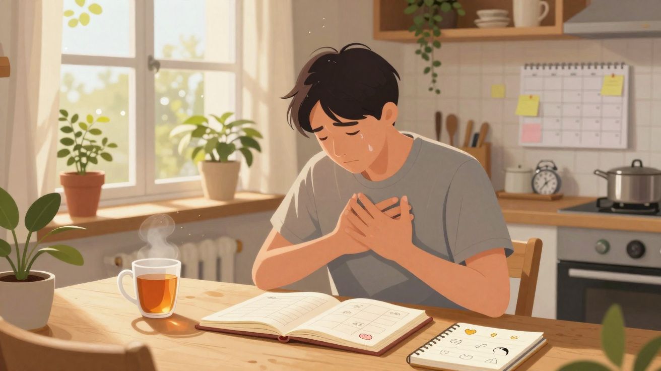 Homem sentado à mesa com as mãos no peito, parecendo aflito, em cozinha com plantas e chá quente.