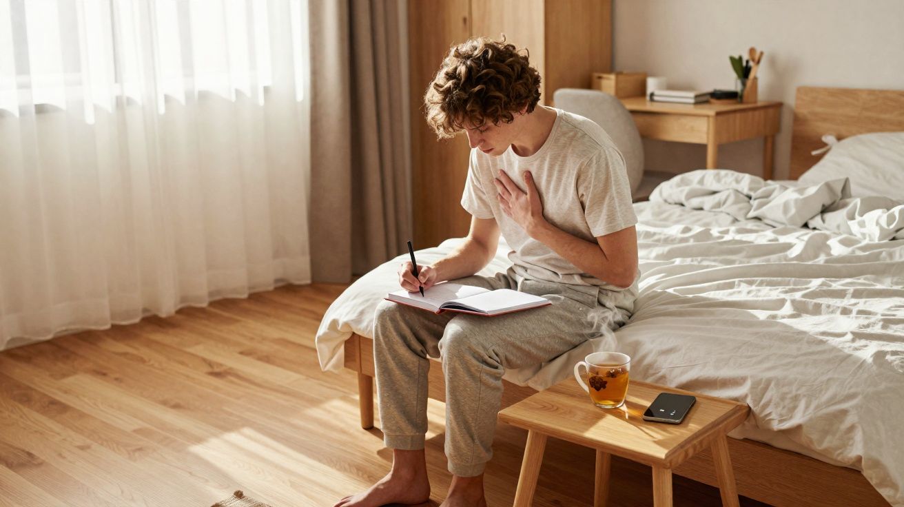 Pessoa sentada na cama a escrever num caderno, com chá e um telemóvel numa pequena mesa junto à cama.