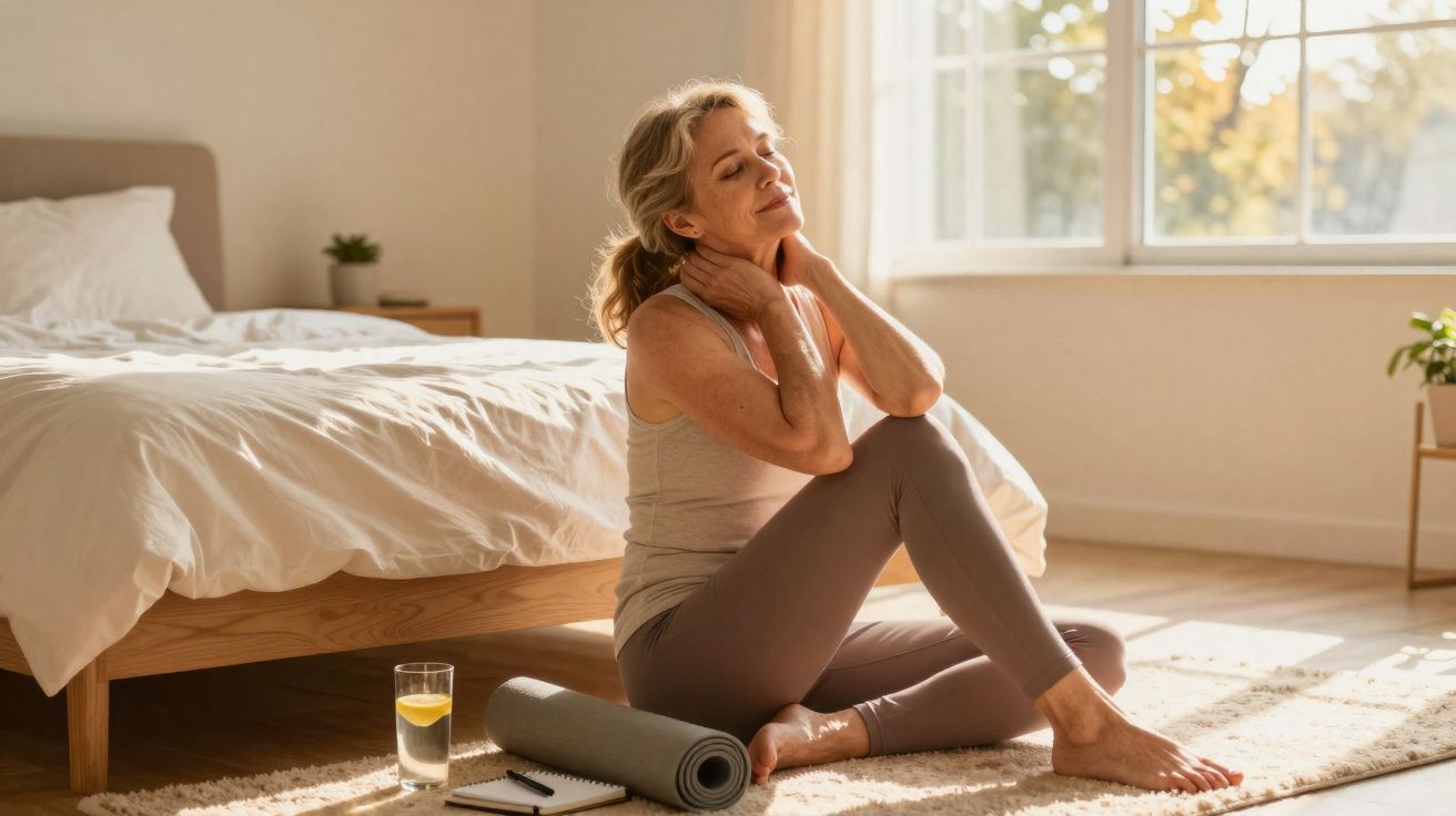 Mulher sentada no chão do quarto a fazer auto-massagem no pescoço ao lado de ioga e copo de água.