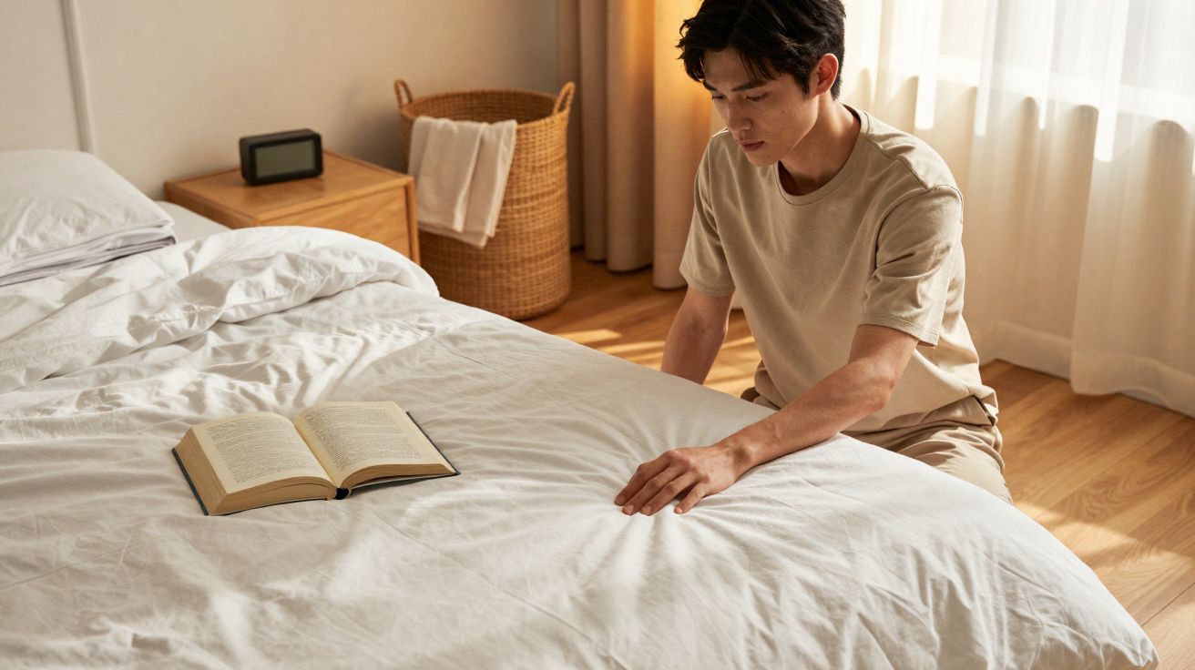 Homem sentado ao lado da cama arrumando o lençol com um livro aberto deitado em cima da cama.