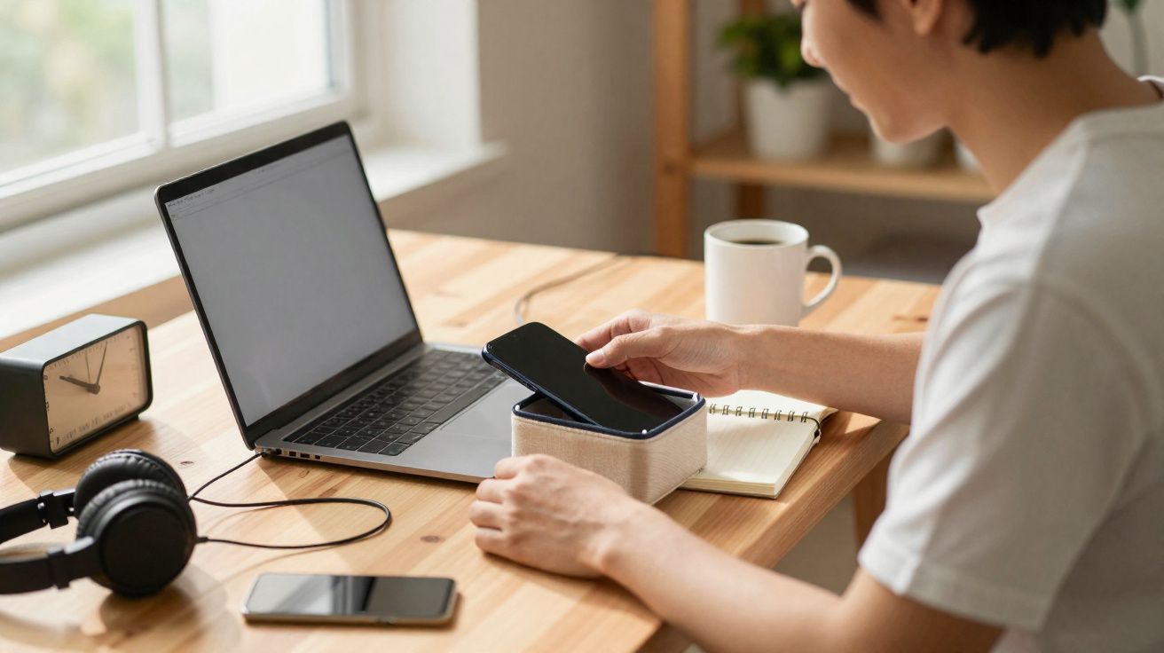 Pessoa a colocar telemóvel numa estação de carregamento sem fios numa secretária com portátil, auscultadores e caneca.