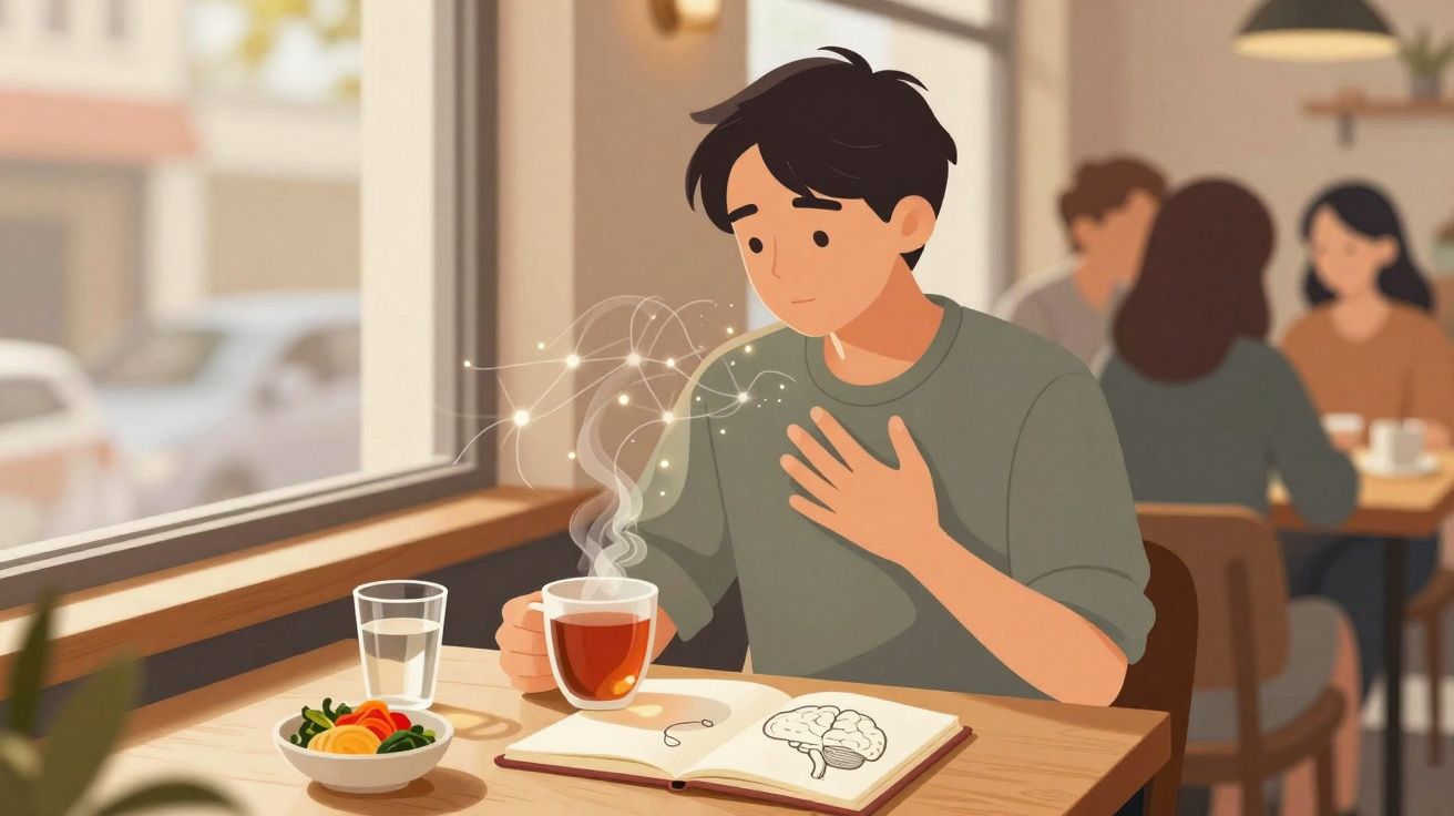 Jovem sentado numa mesa de café com chá fumegante, livro aberto com desenho de cérebro e prato de salada.